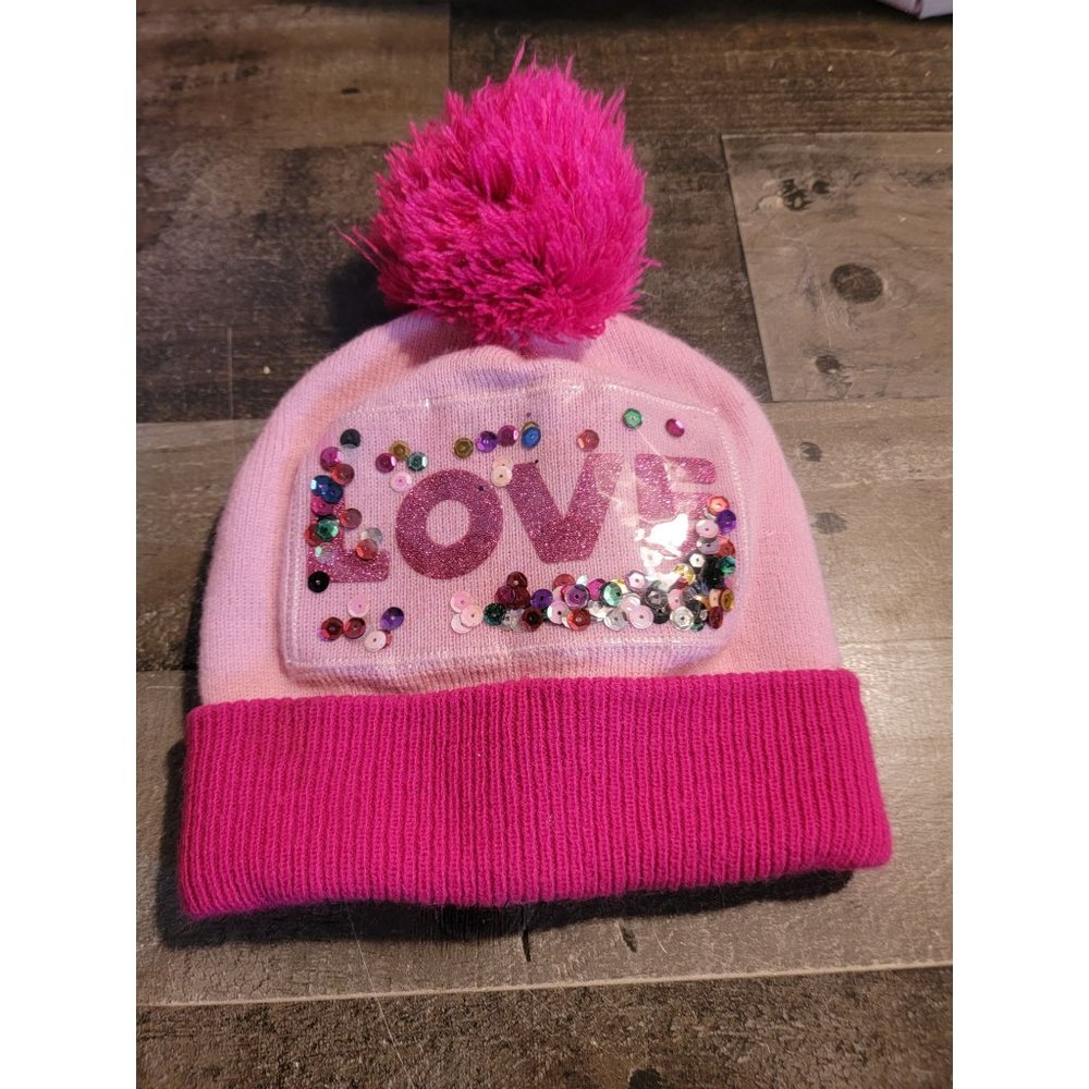 Pink winter hair love sequin‎ hat pom pom